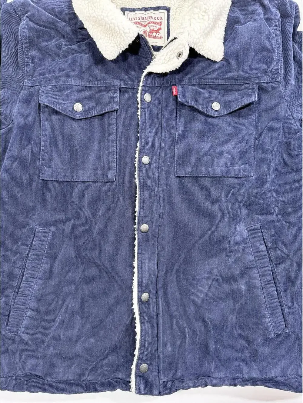 Levi’s Sherpa Trucker Jacket Mens XL Navy Corduroy Fleece Lined Snap Zip